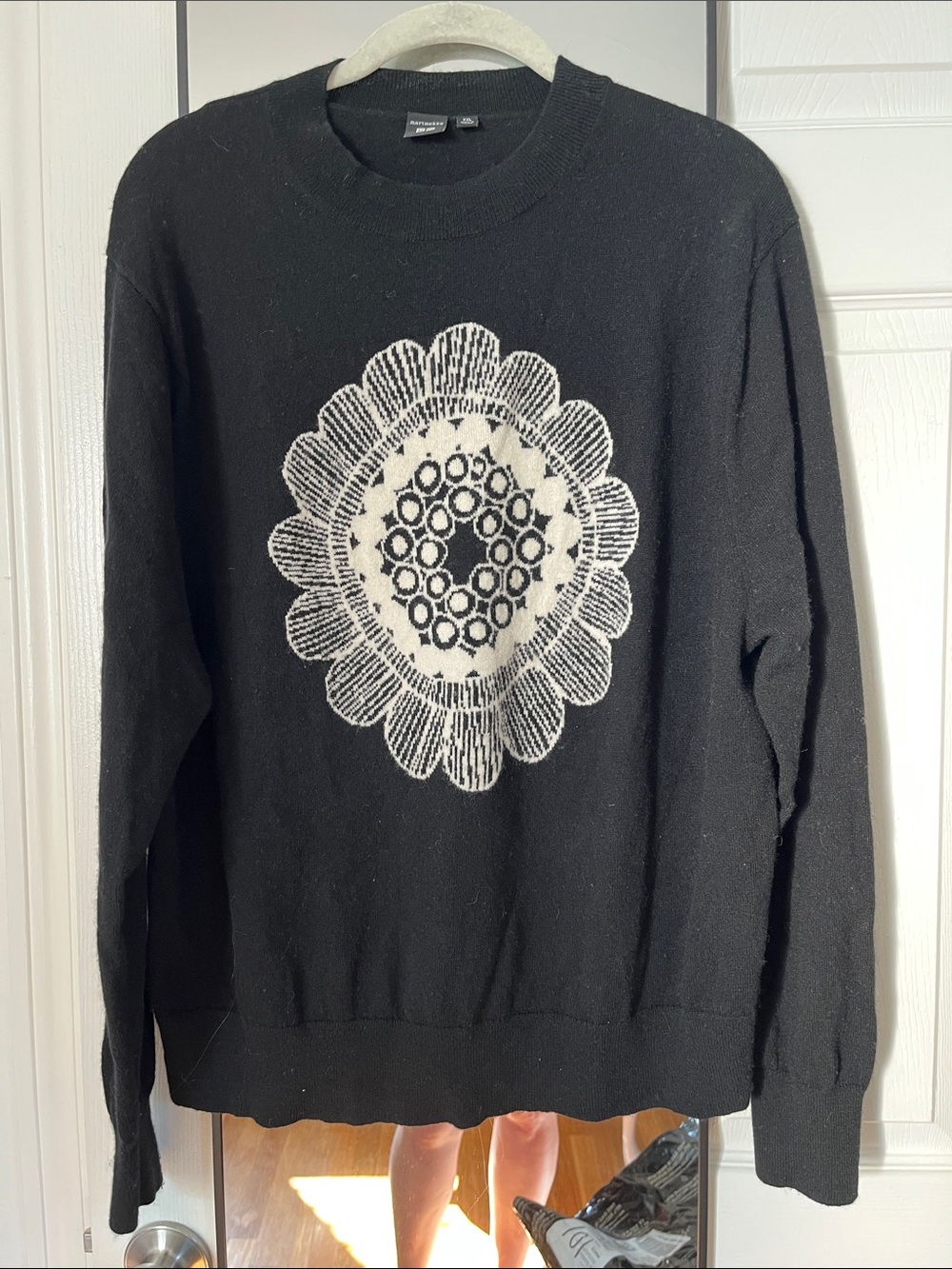 Marimekko Black Crew Sweater Floral Motif wool cashmere XXL